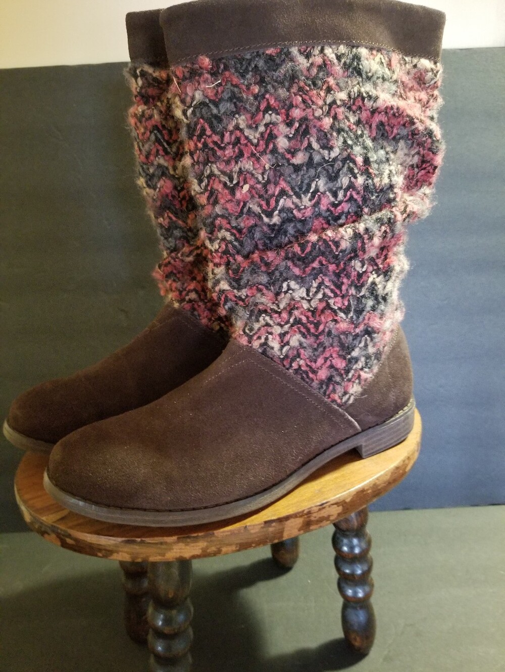 Tom's Sweater Slouch Knitted Boots Multicolored Faux Suede Brown Sz 8